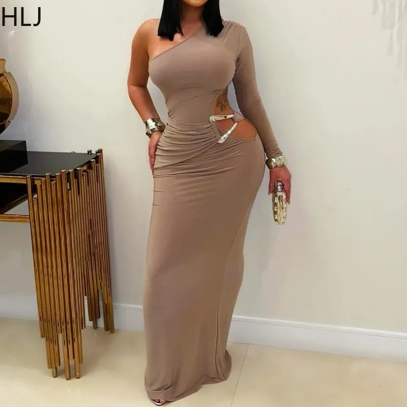 

HLJ Sexy Hollow Out Bodycon Dresses for Women Solid Color One Shoulder Long Sleeves Dress Female Party Night Club Vestidos New