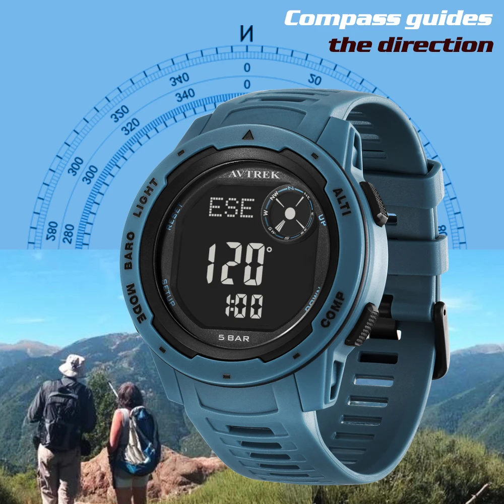 Avtrek Outdoor Digital Sports Watch Pedometer Men's Electronic Wrist Watches Compass Waterproof Hiking Climbing Tourist Watches