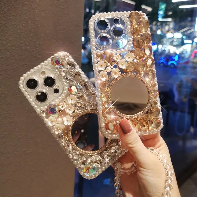 

Luxury Glitter Rhinestone Mirror Phone Cover For iPhone 15 14 Pro Max 13 12 11 XR XS 7 8 Plus blooming Flowers Full Crystal Case
