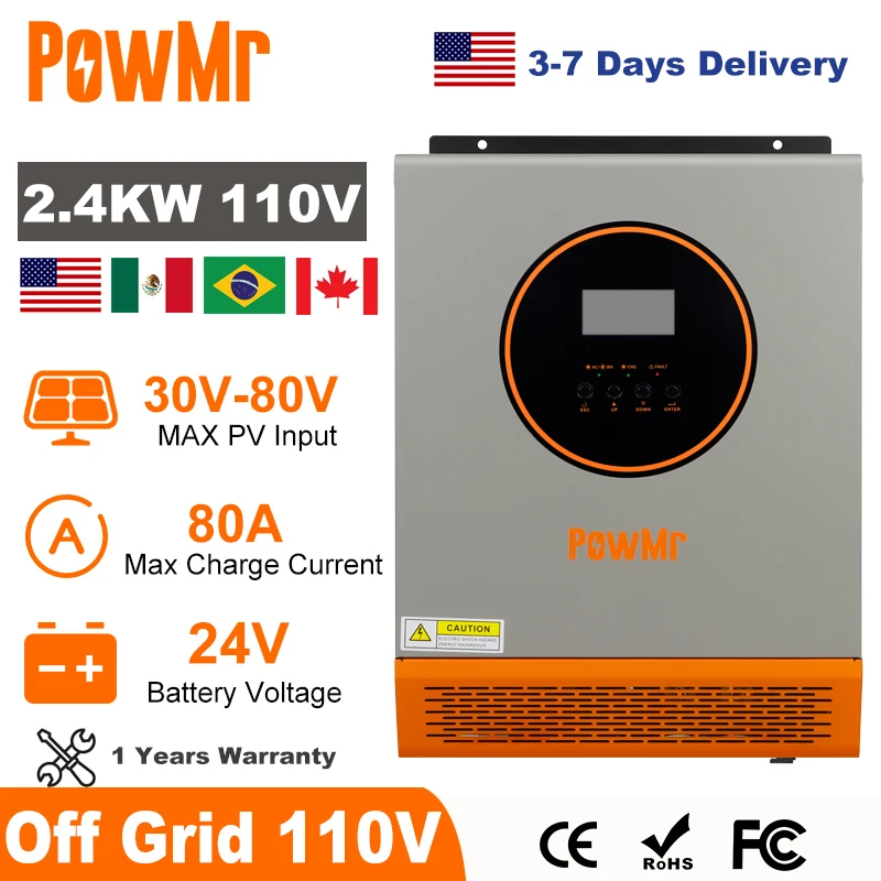 

PowMr 2400W Hybrid Solar Inverter 24V 110V Pure Sine Wave Off Grid Inverter with PWM 80A Solar Charger for Lead Acid only