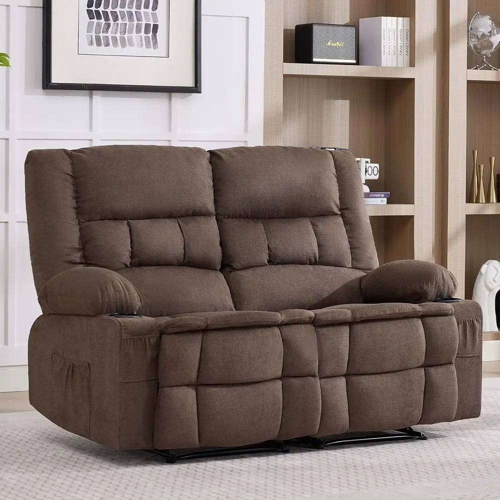 

2-Seater Traditional Manual Recliner Sofa with Cup Holders and Side Pockets, Ideal for Living Room, RV, or Home Theater, Brown