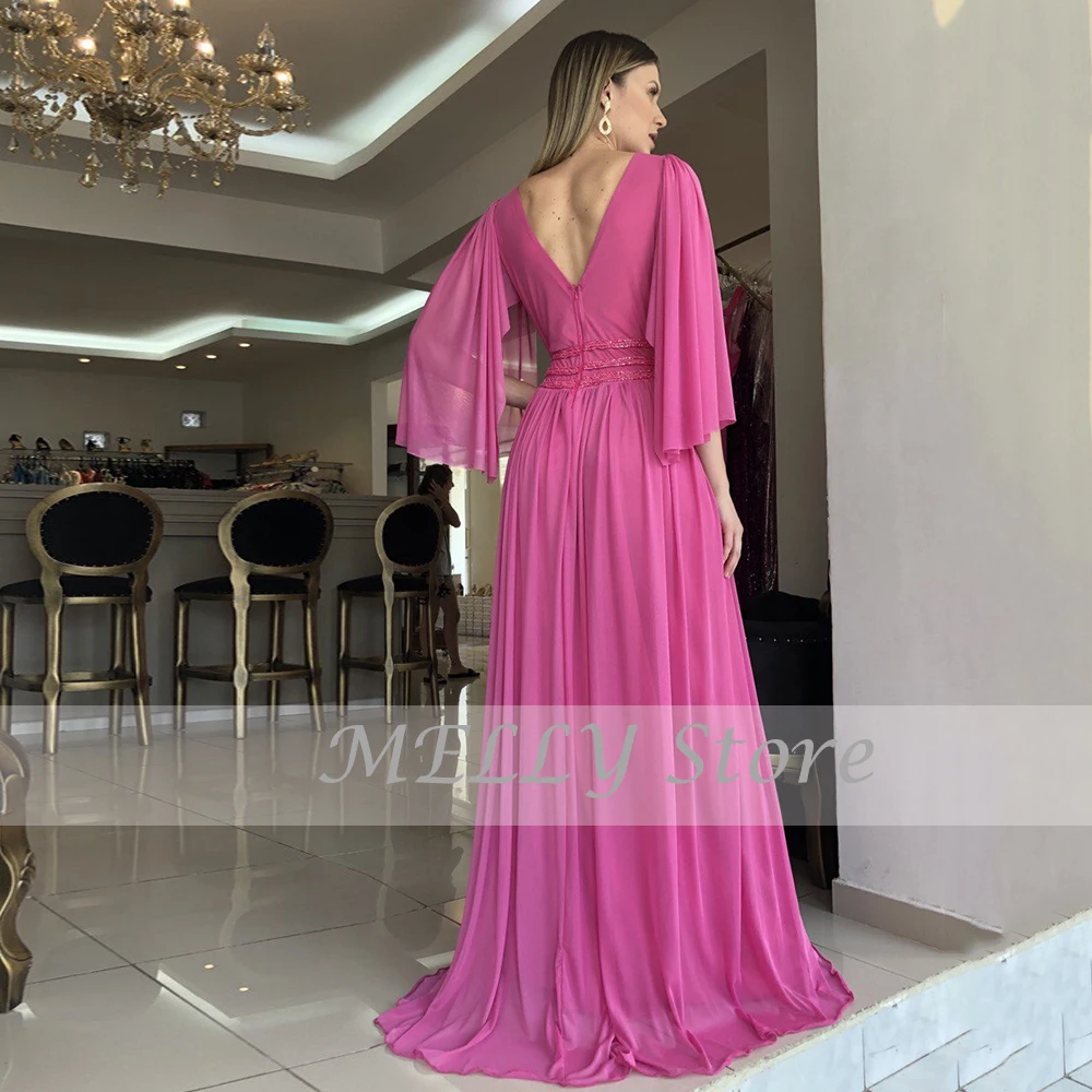 Classic Empire Avondjurken Volledige Mouwen Backless V-hals Party Dress Chiffon A-lijn Sweep Trein فساتين مناسبة حسب الطلب