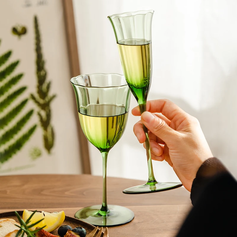 JINYOUJIA French Vintage Green Flower Pattern Goblets Handmade Crystal Ultra Thin Wine Glass Champagne Martini Glass