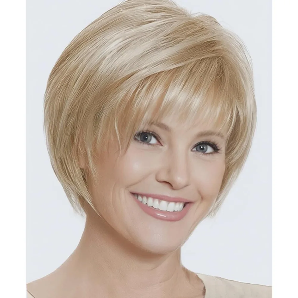 

Short Hair Wigs with Bangs Dark Brown Mixed Blonde Pixie Cut Wig for Women Straight Synthetic Fiber Wigs
