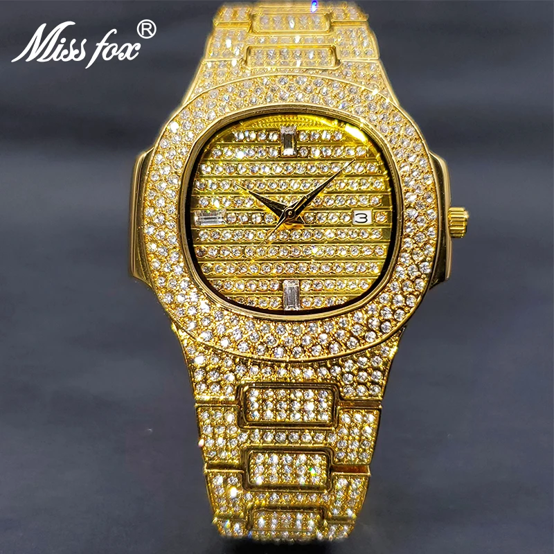 Missfox Gold Watches For Man Classic Square Hip Hop Trend Men's Watch Luxury Stylish Diamond Clock With Calendar Dropshipping