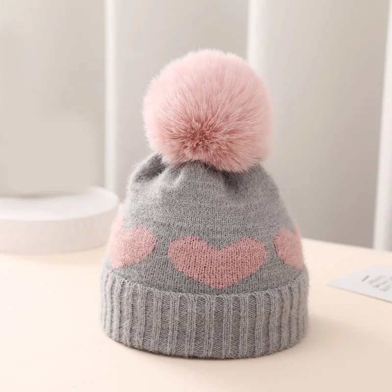 New BabyAutumn and Winter Hats With Double Thickness, Cute Jacquard, and Love-Patterned Knitted Hat, Baby Wool Hat.