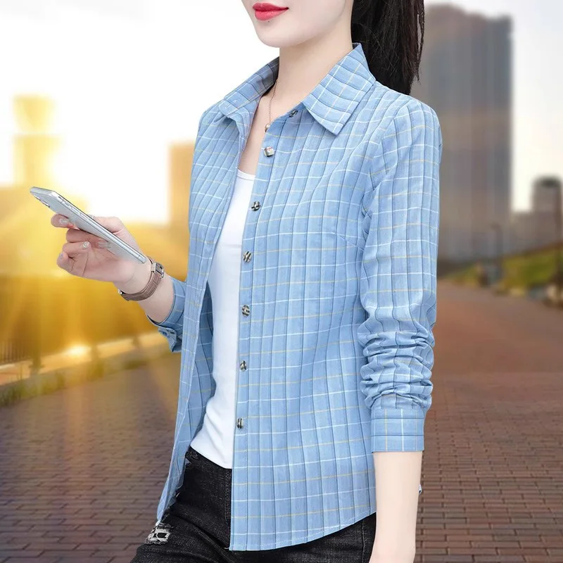 New Women Cotton Shirt Spring Autumn Fashion Turn-down Collar Single Breasted Slim Plaid Shirt Casual Simplicity Female Shirt