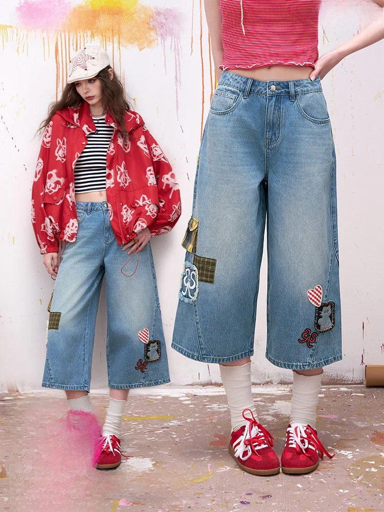 

Fairy Pocket Fun Hole Denim Pants Women's Summer Loose Wide Leg Jeans Seven-Foot-Length Casual Washed Natural Waist