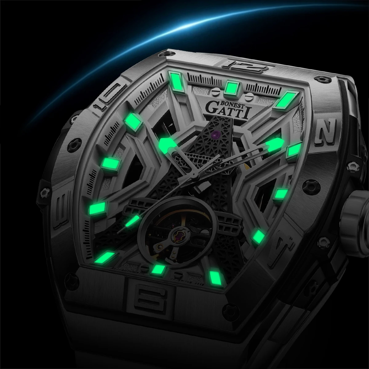 ساعة يد ميكانيكية فاخرة من BONEST GATTI مصنوعة من زجاج الياقوت المقاوم للماء بقرص ذهبي وردي وساعة ميكانيكية أوتوماتيكية