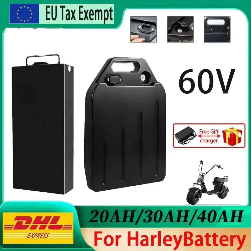 Batterie d'alimentation, transport aérien, batterie au lithium pour véhicule électrique 60V 10Ah-40Ah 500W-3000W pour scooter électrique Harley à deux roues pliable Citycoco, chargeur gratuit