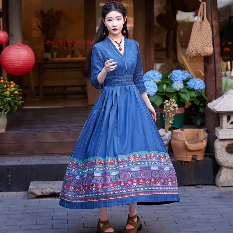 

2024 chinese vintage dress hanfu national flower print improved denim dress oriental ethnic dress folk v-neck a-line loose dress