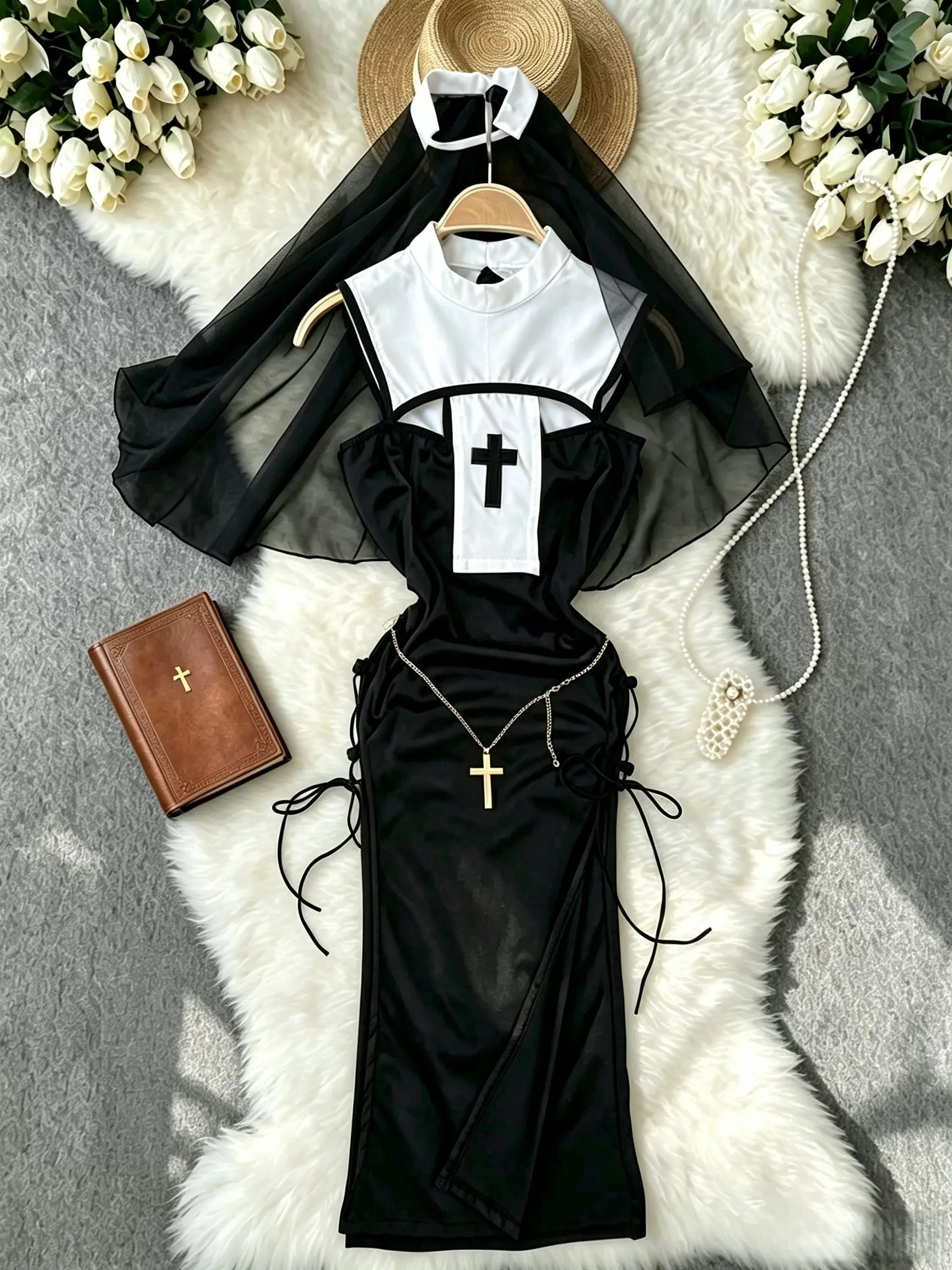 Sexy Mini Dress Women Gothic Nun Lingerie Black White Hollow Out Dresses Hotsweet Cross Necklace Anime Cosplay Costume Halloween
