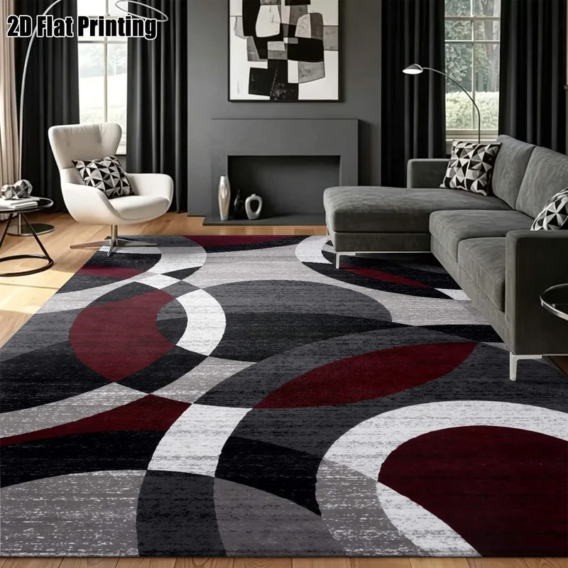 Large Indoor Area Rug, Soft Velvet Low Pile Machine Washable, Modern Abstract Geometric Circle Pattern in Burgundy Black Gray, Ideal for Living Room Bedroom Floor Decor