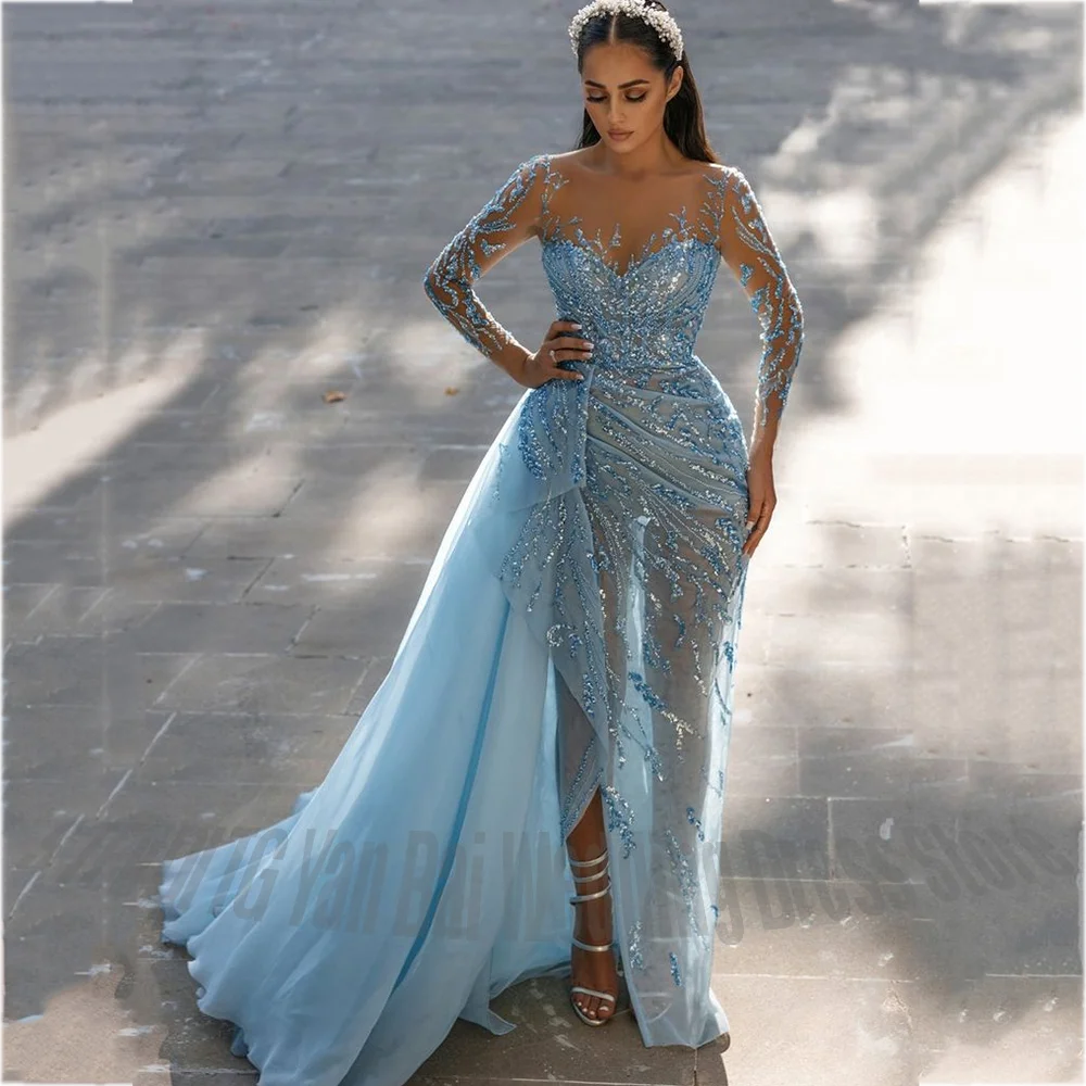 

Luxurious Beading Evening Dresses Blue Sweetheart Full Sleeves Mermaid Bride Wedding Dress Customized High Quality Party Gown