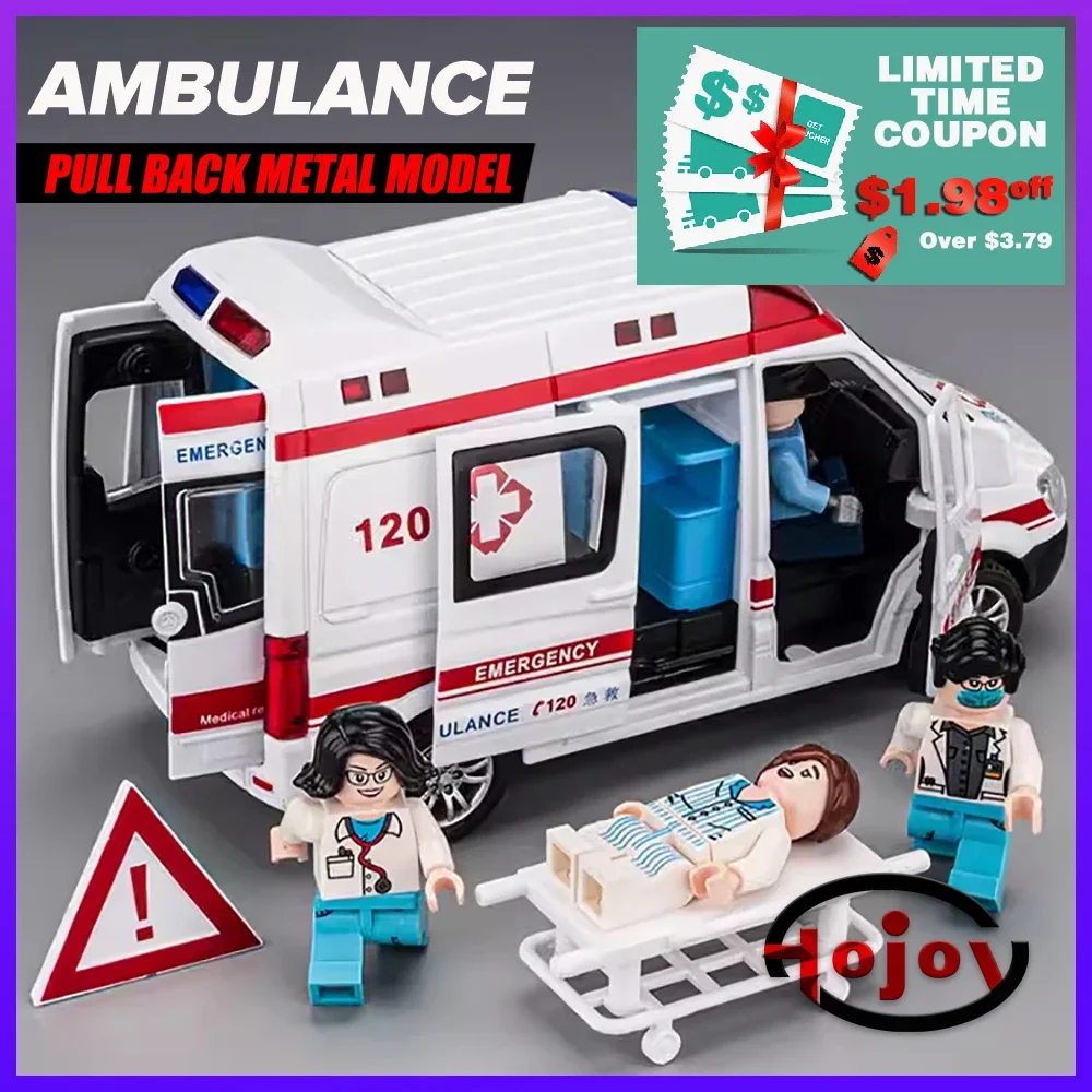 

Metal Cars Toys Scale 1/32 Diecast Alloy Ambulance Car Model for Boys Children Kids Toy Vehicles Sound and Light Pull Back