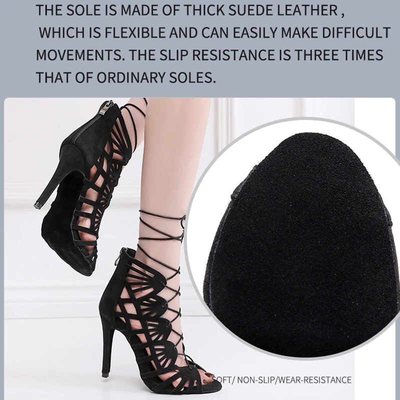 Woman Black Latin Dance Shoes Strappy Closed toes High Heels Suede Rubber Summer Sandals Salsa Jazz Latin Dancing Shoes7.5-11cm