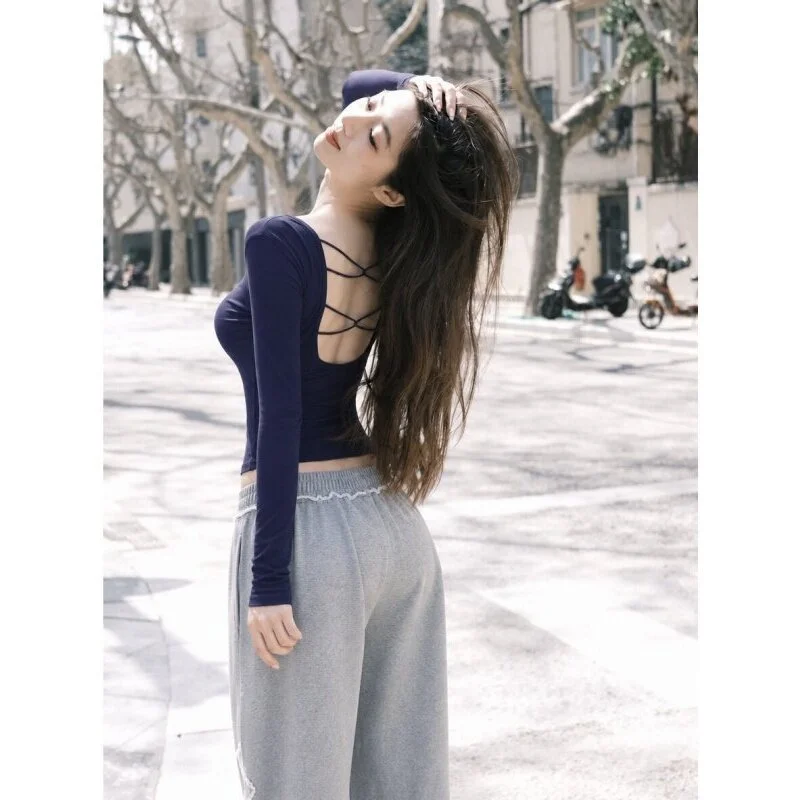 Sexy Hollow out Long Sleeve T-Shirt Women's Slim Fit Base Shirt Early Autumn Design Back Cross Cutout Top Casual Streetwear