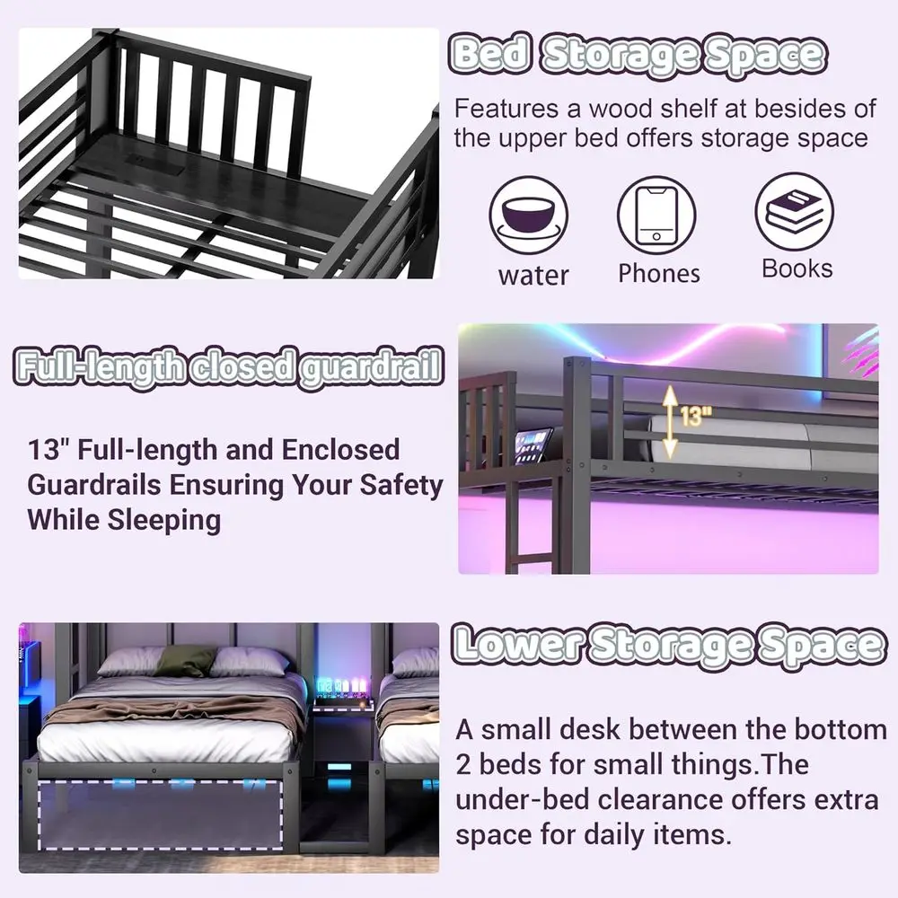 Twin XL Over Twin Over Twin Convertible Bunk Bed with LED,Metal Triple Bunk Bed or 3 Kids with Charge Station and Guardrails and view 3