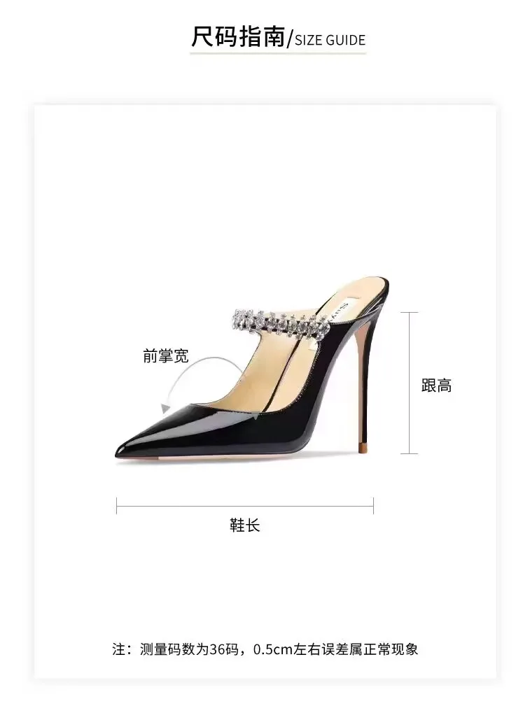 Summer Pointed Sandals, Fairy Diamond Belt With Thin Heels, Patent Leather, Super High Heels, Baotou Mueller Half Slippers,