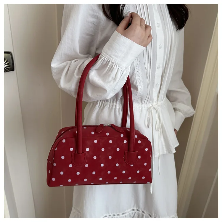 Retro Polka Dot Shoulder Underarm Bags for Women Simple Portable Ladies Bowling Bag Versatile Large Capacity Female Handbag view 3