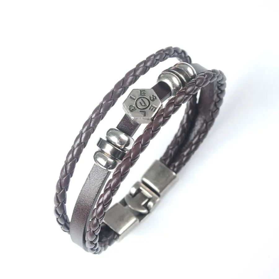 Мужской многослойный кожаный браслет с геометрическим узором, плетеное украшение на запястье из нержавеющей стали C132