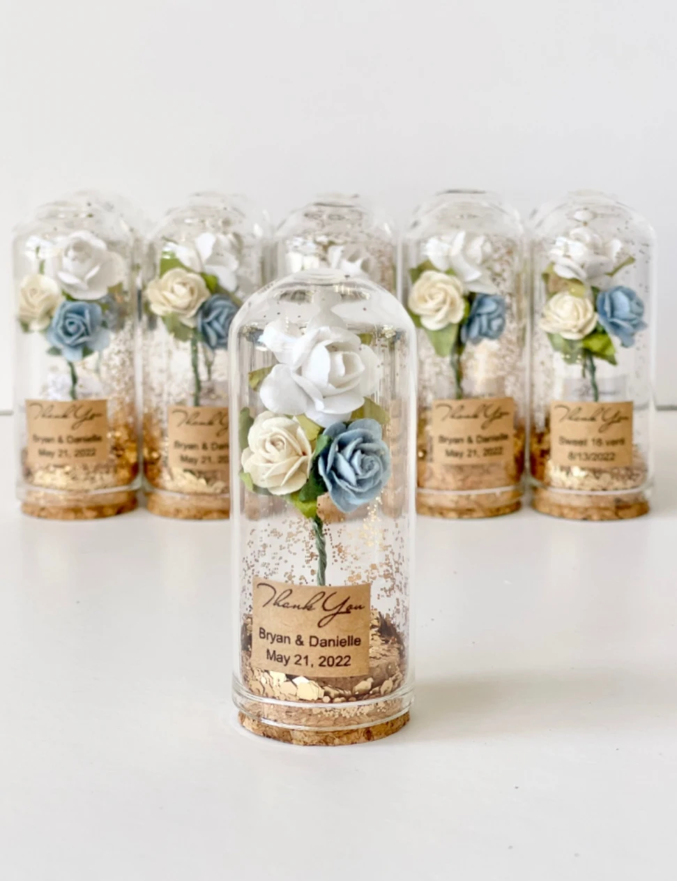 

10pcs Personalized Wedding Bottle Favors, Rustic Baby Shower Tag, Custom Thank You, White Blue Ivory Rose in Dome Glass