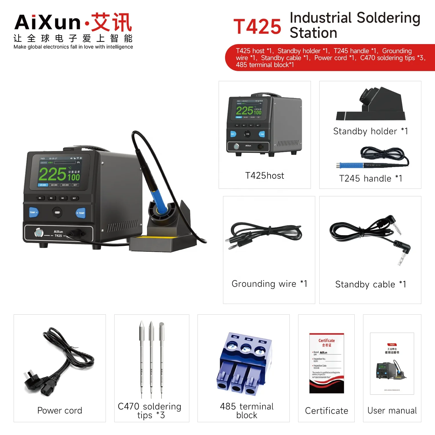 T425 Intelligent Soldering Station Dynamic Temp Compensation T245 Handle Compatible PCB Assembly Electronic Components Soldering