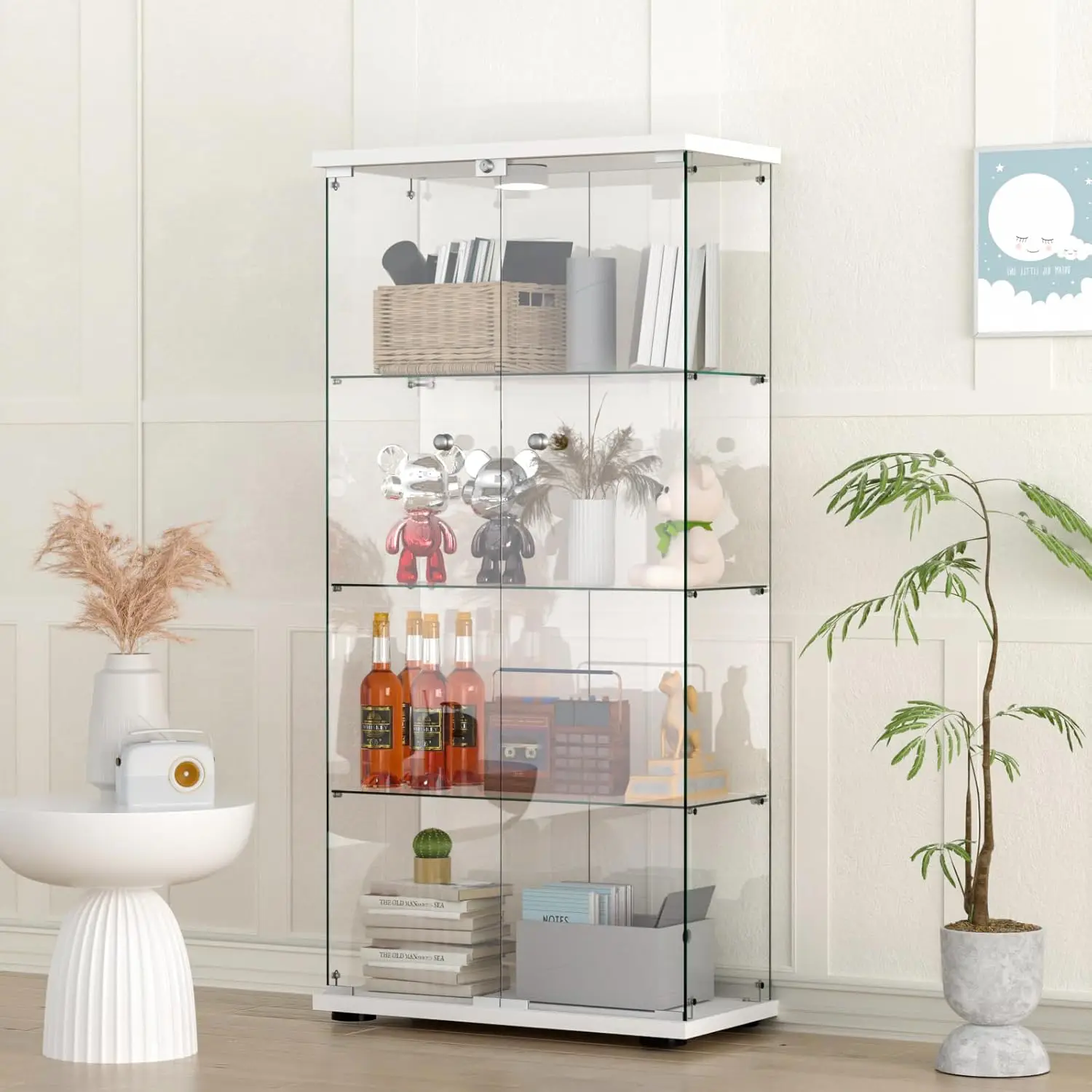 Glass Display Cabinet with LED Push Light, Quick-Install Style 4-Shelf Curio Cabinet - 2 Door Tempered Glass Display Case