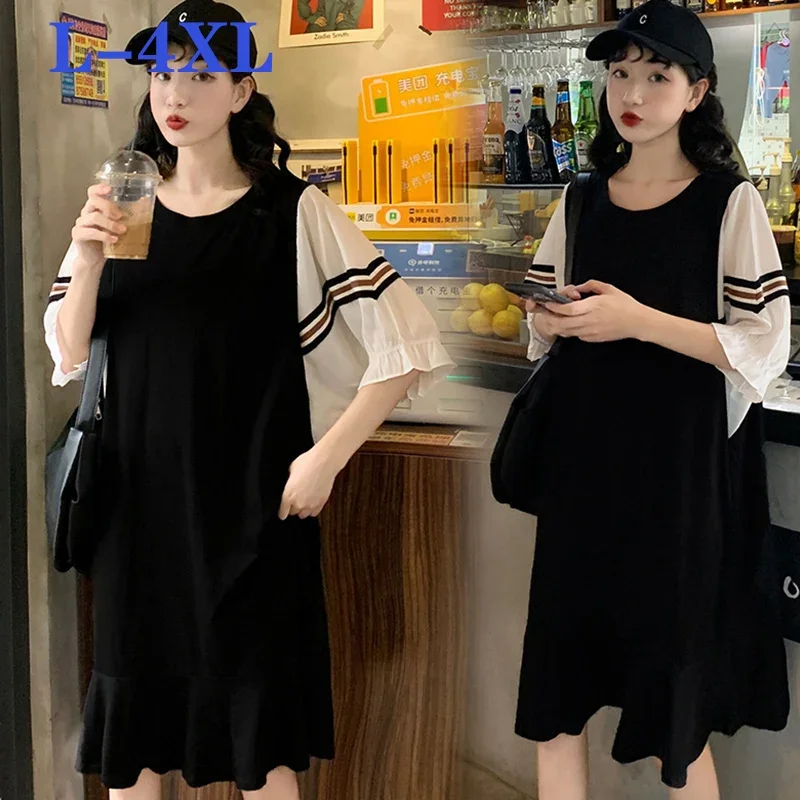 

2023 Summer New Large Women's Slim Fit Belly Wrap Up Dress Color Matching Slim Temperament Black Hepburn Style Dress Vestidos