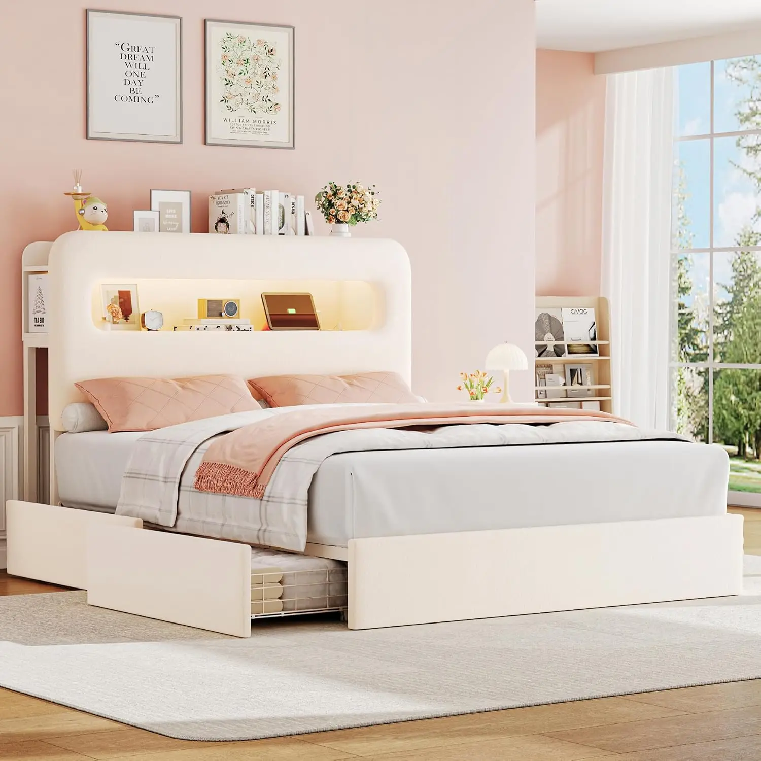 Full LED Bed Frame with Storage Headboard & Charging Station Kids Bed Frame with 4 Drawers and USB Ports Cream