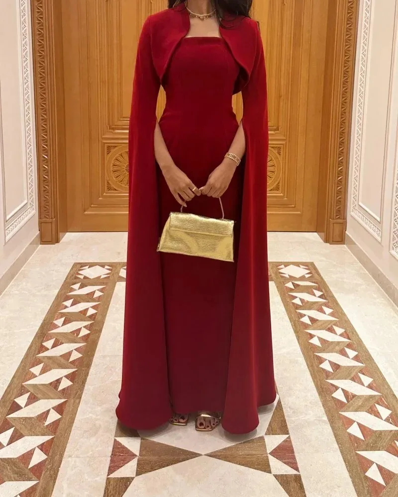 Simple Red Evening Dress Mermaid Floor Length Jersey Two Piece Strapless with Jacket Long Sleeve Women Customized فساتين سهرة