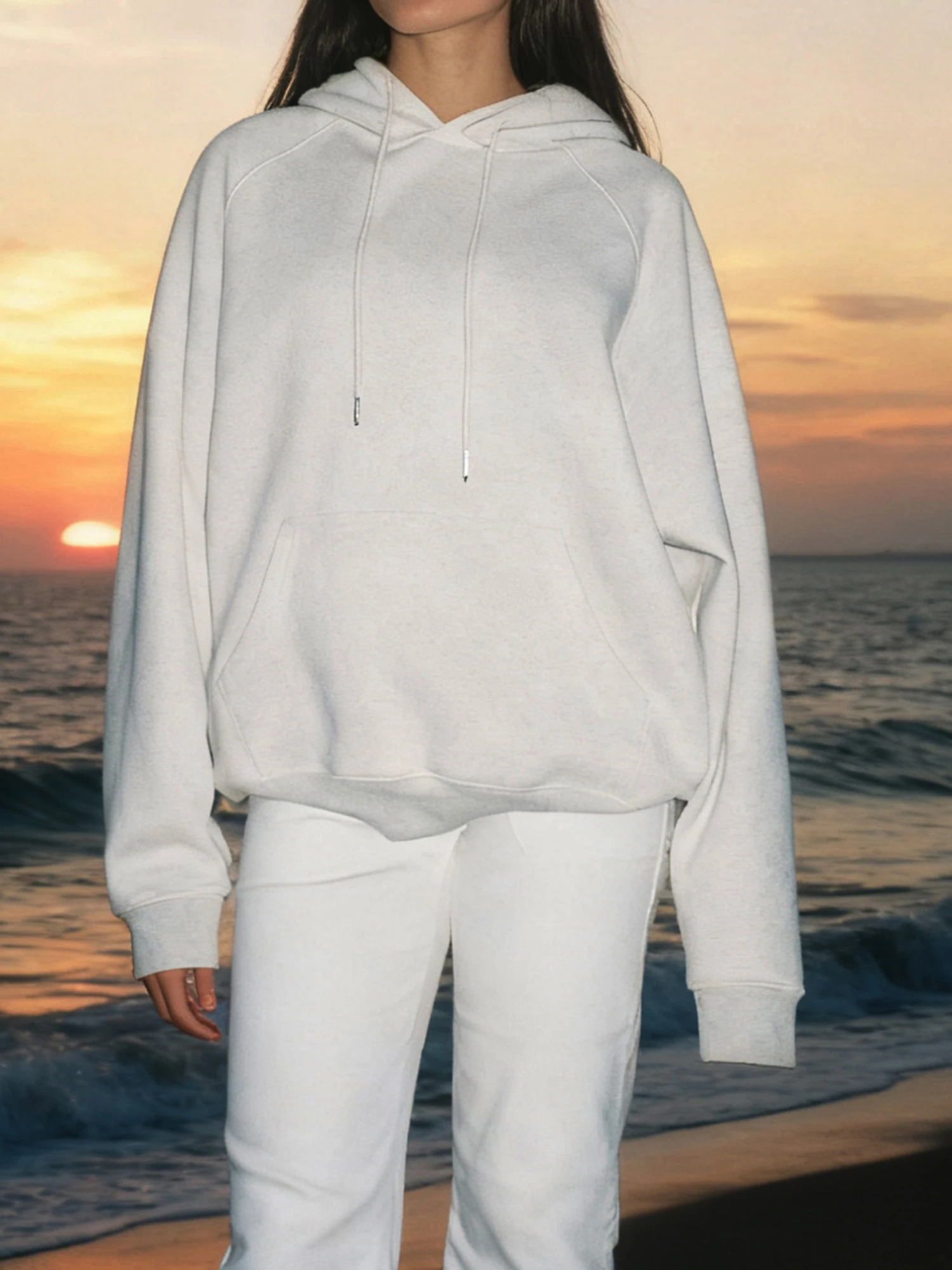 سويت شيرت نسائي كبير الحجم بغطاء للرأس، بلوفر أنيق بطباعة المحيط بأكمام طويلة لملابس الشاطئ والراحة اليومية في الخريف