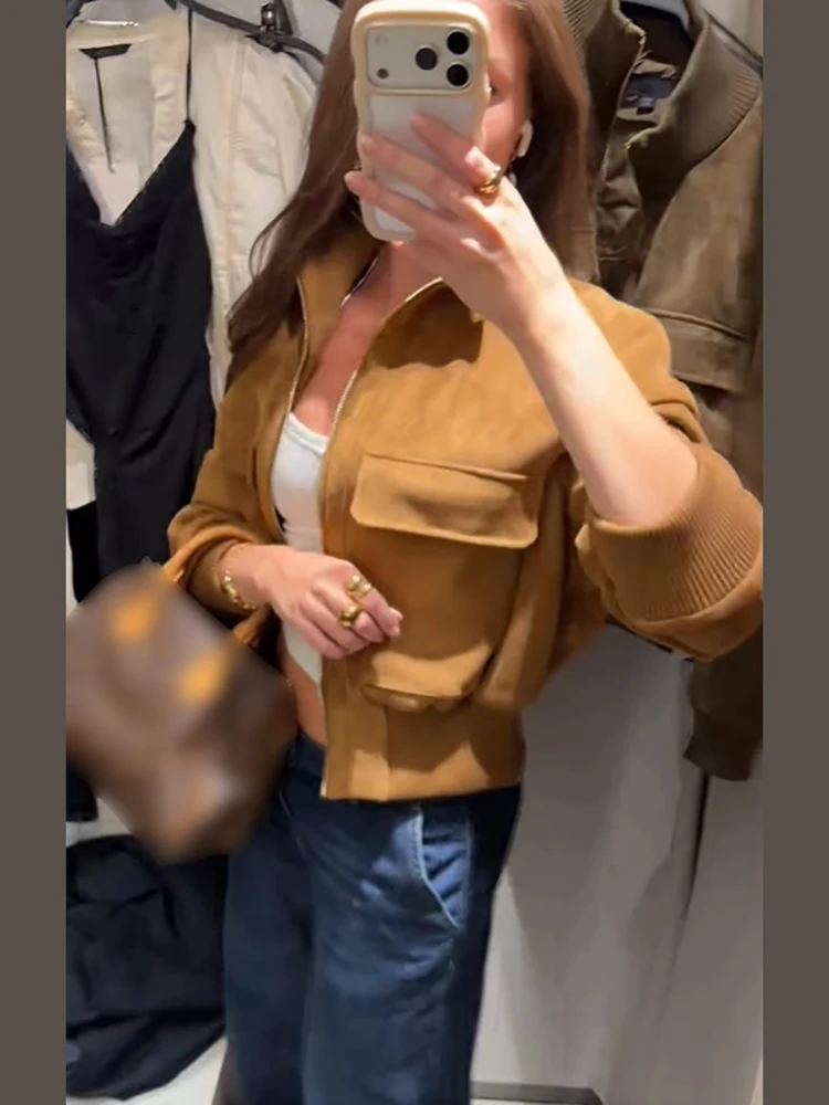 Schicke Jacke aus Kunstwildleder mit geripptem Bündchen für Damen, Retro-Stehkragen, Taschen, Reißverschluss, elastische Taille, Herbst-Alltags-Streetwear 2026 – Detail 8