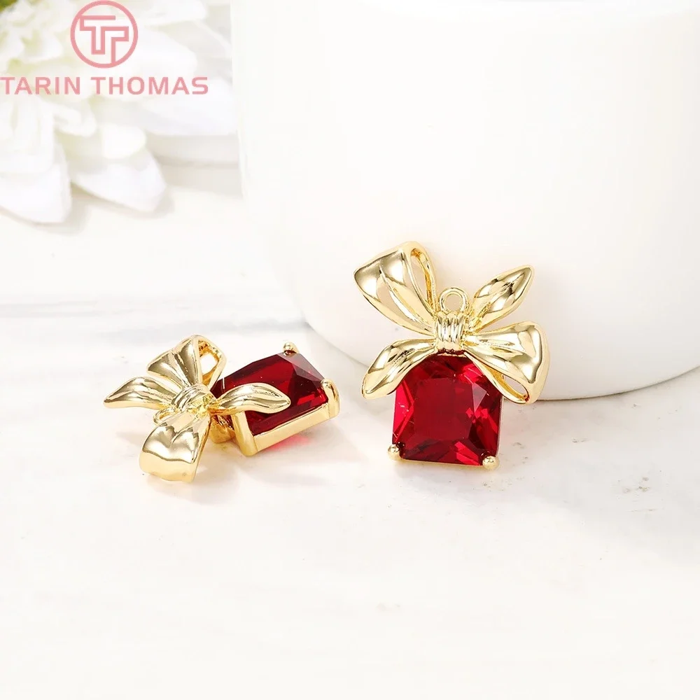 (1766)4PCS 17x21MM 24K Gold Color Plated Brass with Zircon Bow knot Charms Pendants High Quality Diy Jewelry Accessories