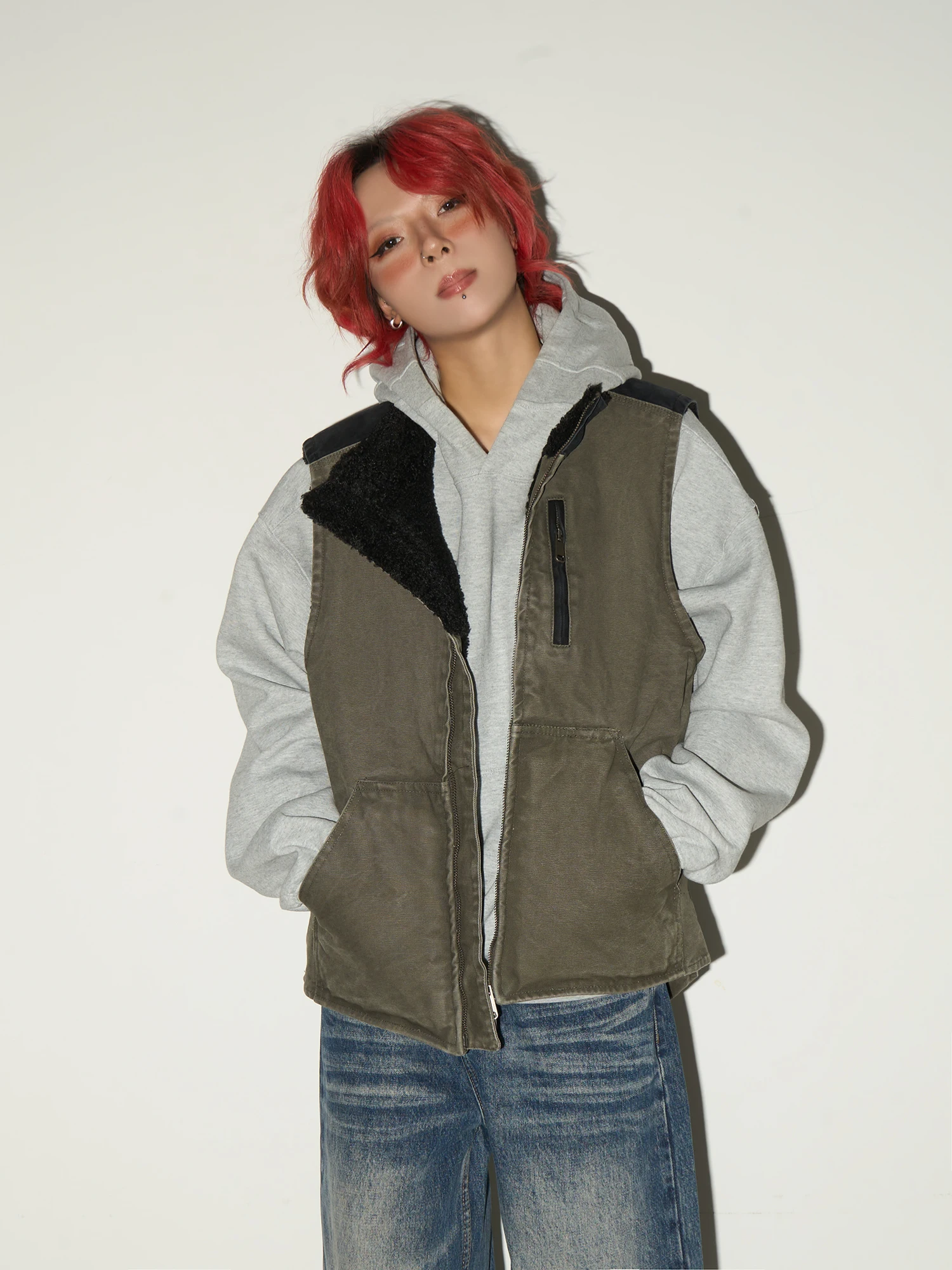 

MICHINNYON Color Blo Collar Workwear Vest Autumn Winter Lamb Fur Lined Warmth Outerwear Trendy Polyester Fce Lined Zippe...