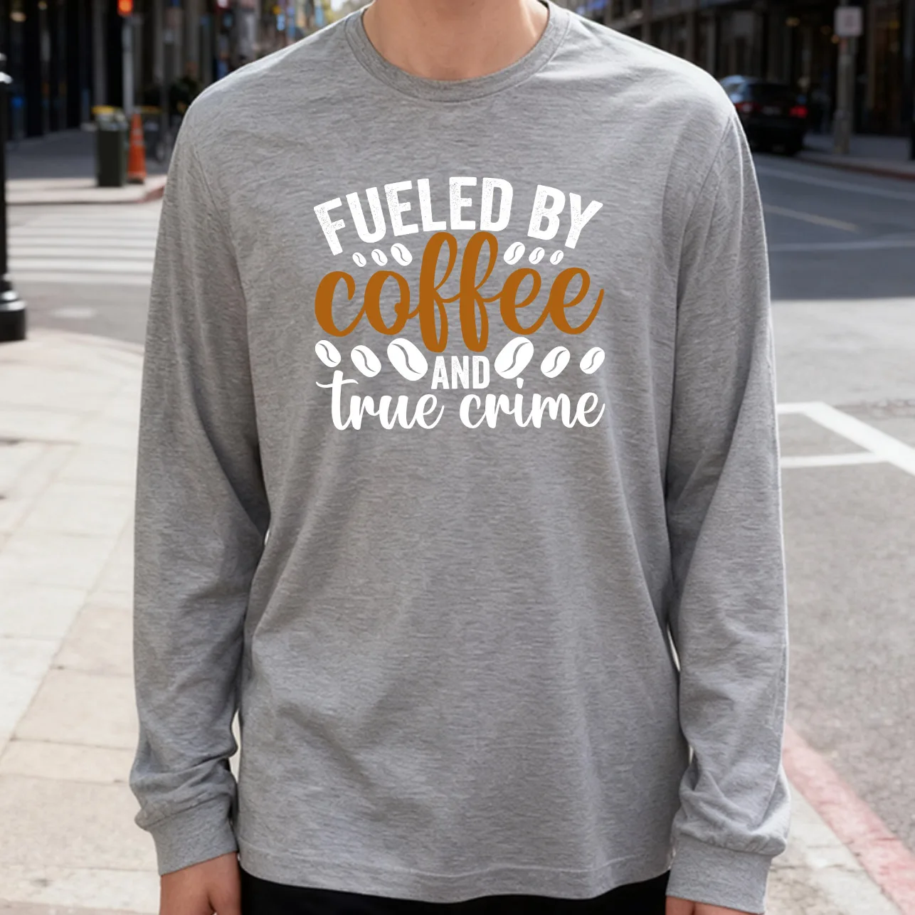 Fueled by Coffee Men's Long Sleeve T-Shirt 180g 100% Cotton Printed Crew Neck Casual Daily Wear Soft and Breathable