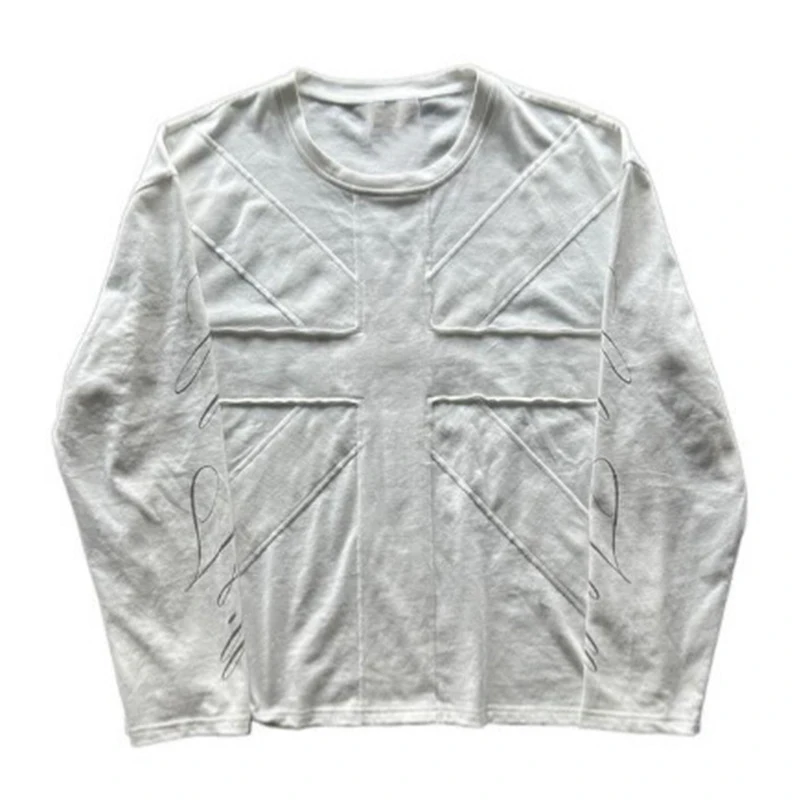 Harajuku Cross Patchwork Letter Printed O Neck Pullover Autumn Casual Loose Long Sleeved T-shirt Korean Street Vintage Trend Top