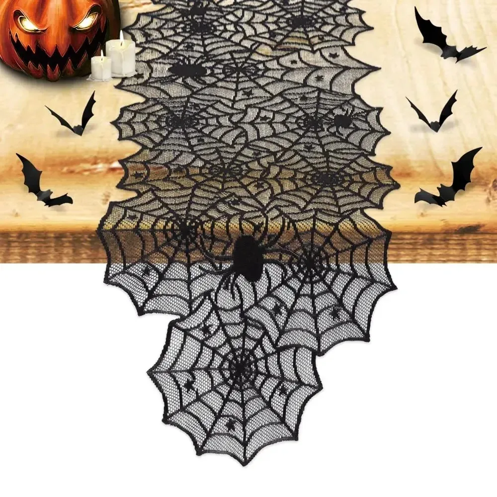 Halloween Spiders Web Table Runner Black Lace for Kitchen Dining Indoor Outdoor Spooky Party Home Decoration Coffee Table Decor