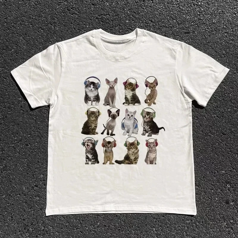 Cute Kitten Headphones Graphic Men Women T‑Shirt Multiple Cats Music Lover Print Crew Neck Casual Cotton Short Sleeve Tees Tops