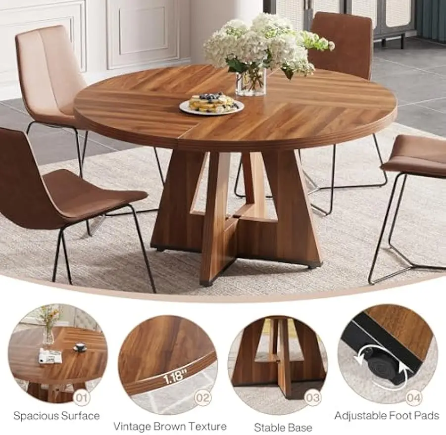 Round Dining Table for 4 Farmhouse Dining Room Table with Wooden Pedestal Base image 6