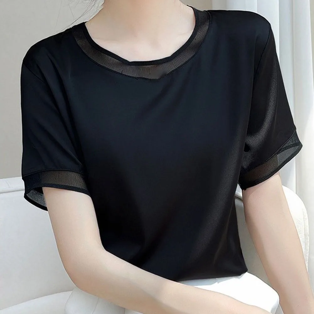 Womens Silk-Like Short Sleeve Round Neck Solid for top Loose for Fit Pullover Blouse for Casual Holiday and Daily Wear