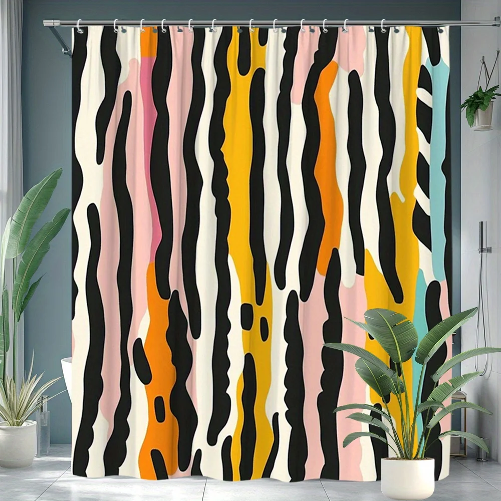 

Abstract Fluid Stripe Illustration Shower Curtain – Pink, Black, Cream, Amber, Sky Blue Orange, Polyester, 12 Grommets, Machine