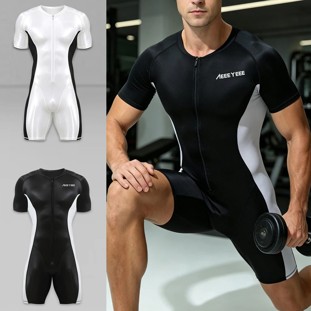 Men Sexy Compression One Piece Shapewear Sports Wrestling Running Tracksuits Fitness Cycling Training Quick-dry Zipper Bodysuits