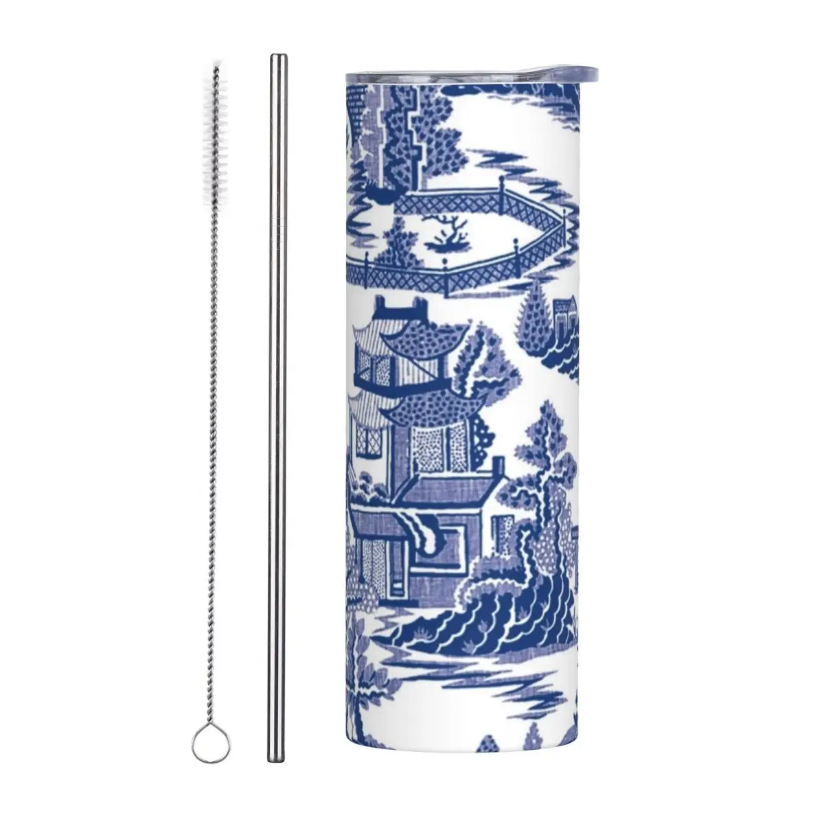 Blue Willow Ancient Ming China Chinoiserie Stainless Steel Tumbler Vacuum Insulated Mug Thermal Cold Cup Straw With Lid 20oz
