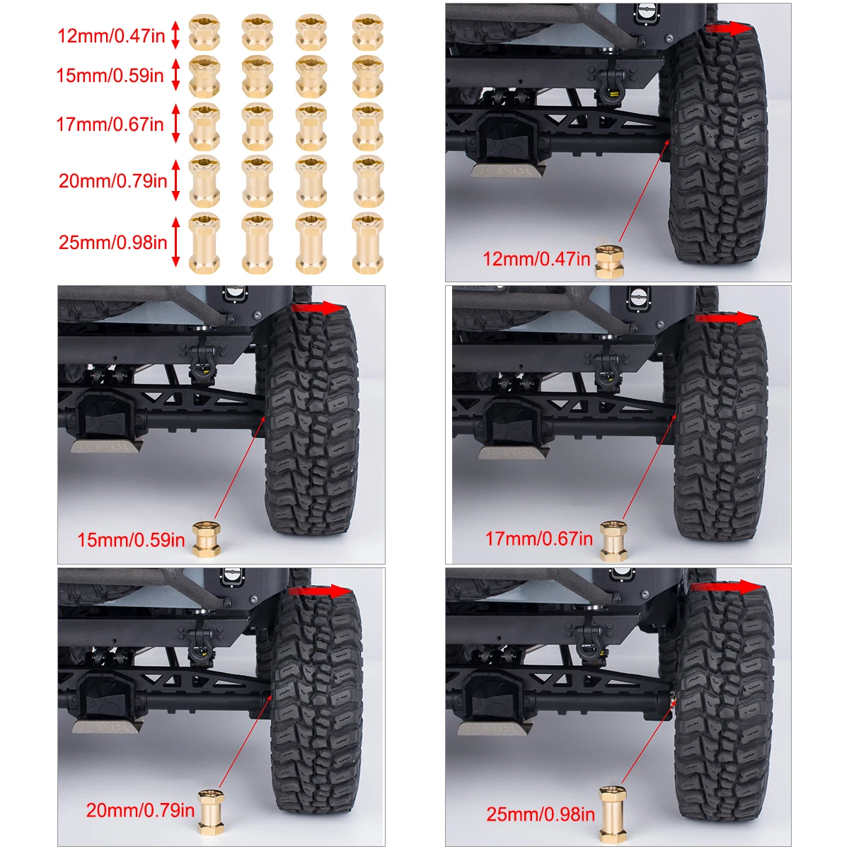 2 cores-4 peças adaptadores hexagonais de roda estendida de latão resistente 12/15/17/20/25mm para 1/10 RC Crawler Axial SCX10 II 90046 D90