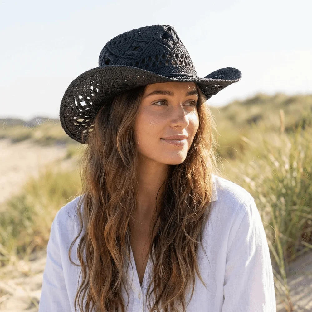 Unisex Hollow Out Bohemian Straw Hat Vintage Style Shell Decoration Beach Hat Wide Brim Foldable Sun Cowboy Hat Party