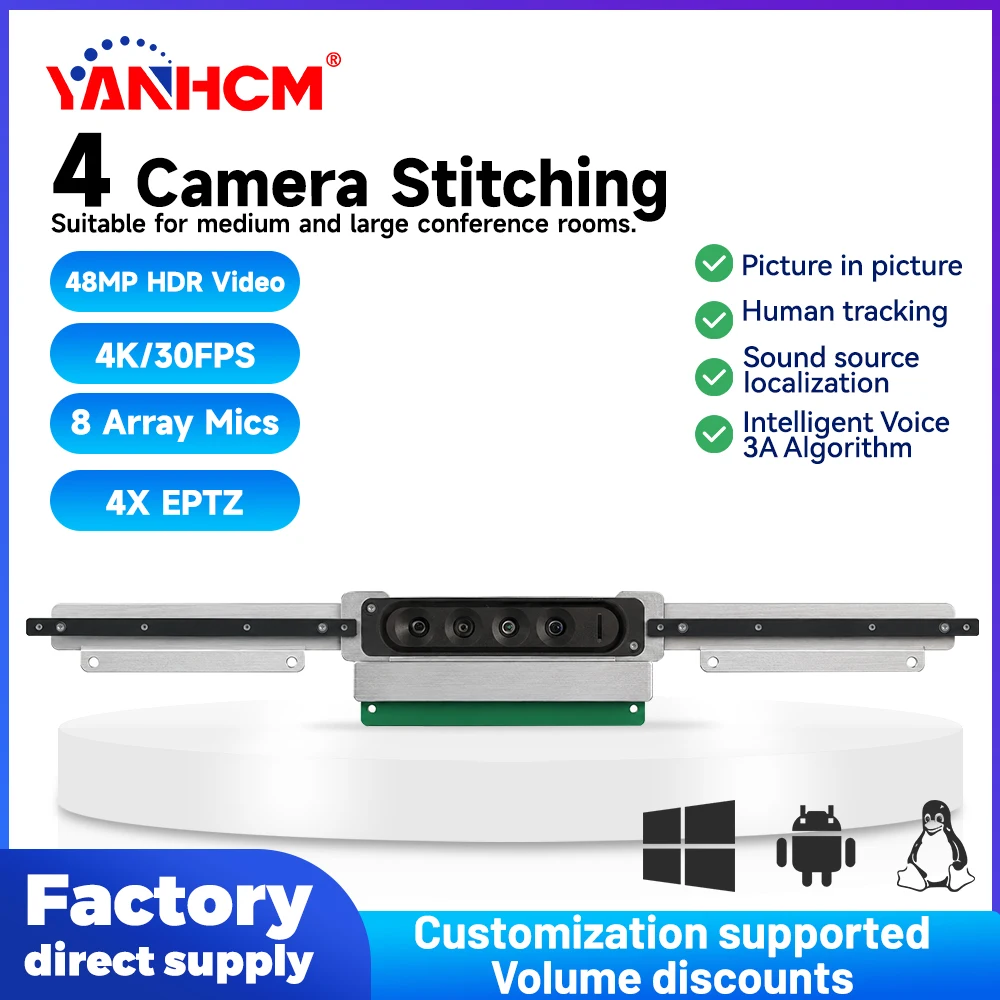 Video Conferencing Camera 4 Stitching 48MP 4K HDR 30fps AI Auto Tracking 4X EPTZ With 8 Mics Noise Cancelling Smart Education