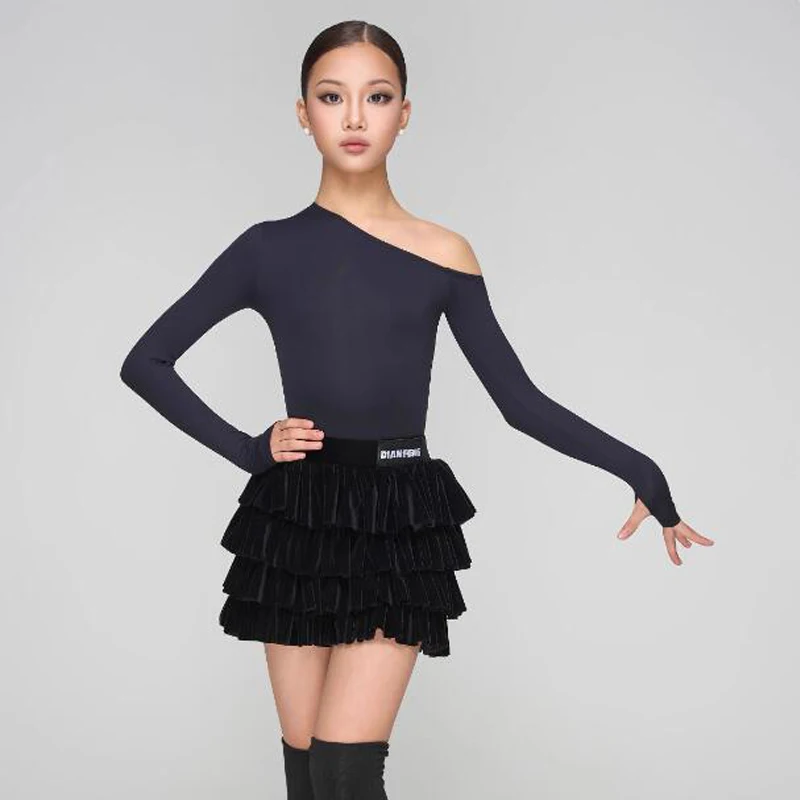 Vestidos de baile latino Samba para niños, traje de competición de baile latino para niñas, Top con hombros inclinados, falda para pastel, traje de actuación SL14054