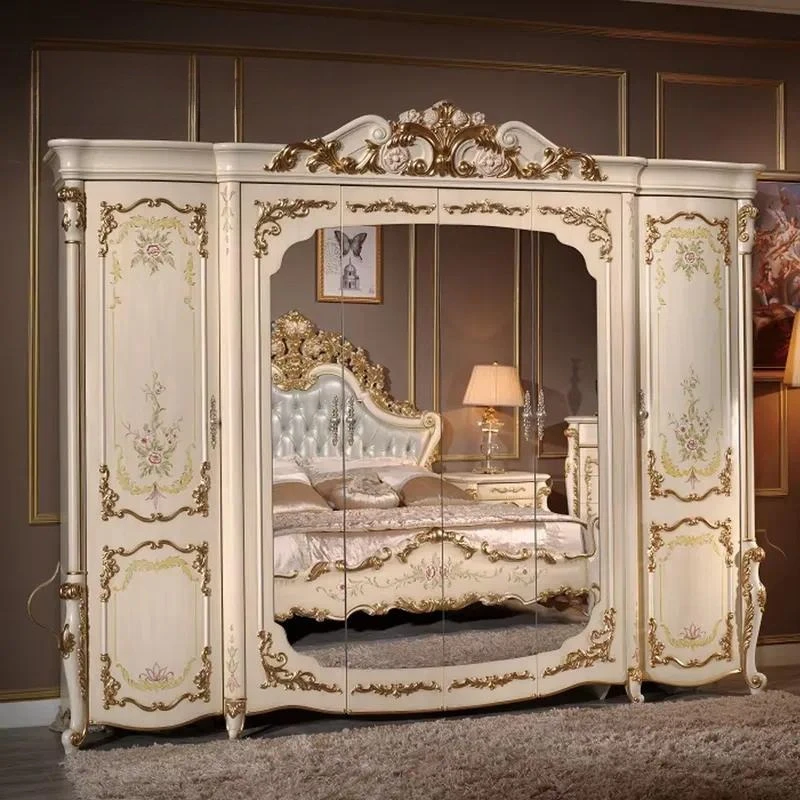 Rococo Bedroom Furniture Set Gold Plated Wood King Bed Perforated Engraved Dresser Nightstand Luxury Classic Home Decor