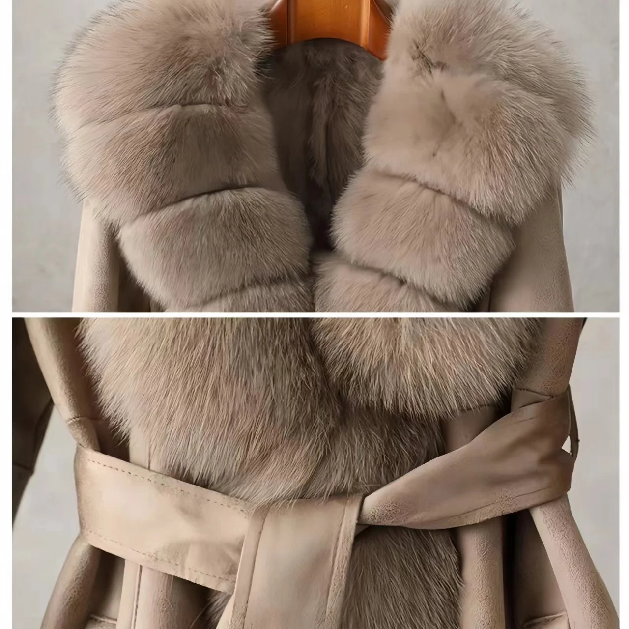 Genuine Leather Rabbit Fur Coat for Women, Fox Fur Collar Overcoat, Female Clothes, England Style, High Quality, New,Winter